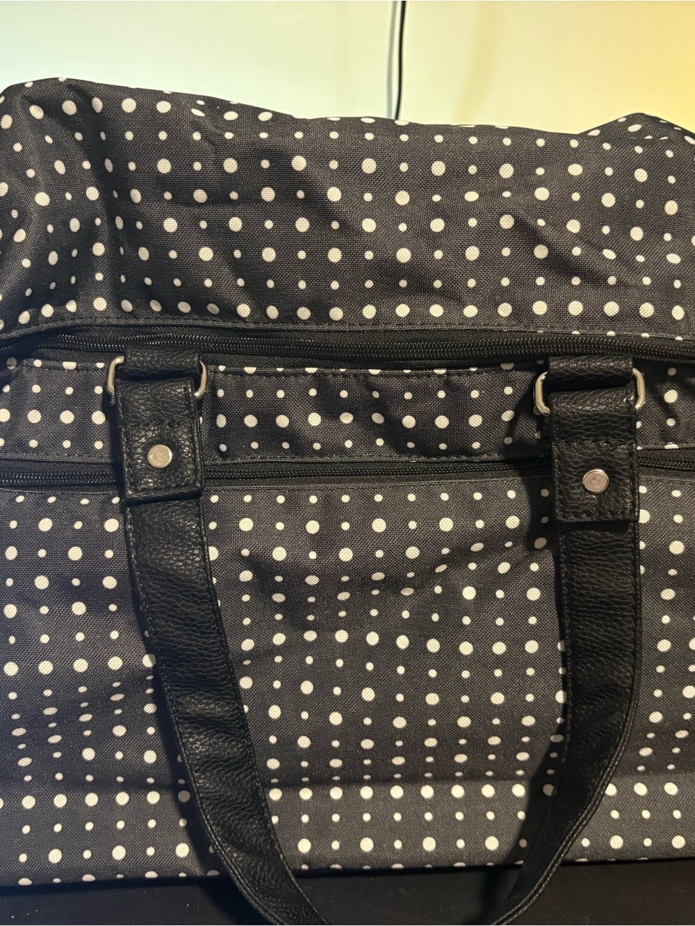 thirty-one Rolling Black and White Polka Dot Tote with Black Handles